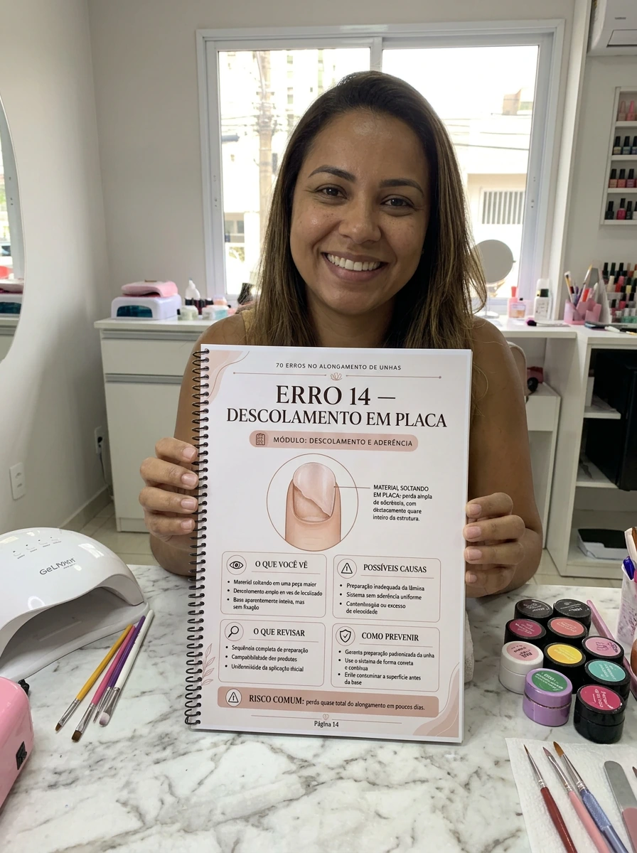 Nail designer estudando o guia impresso de erros