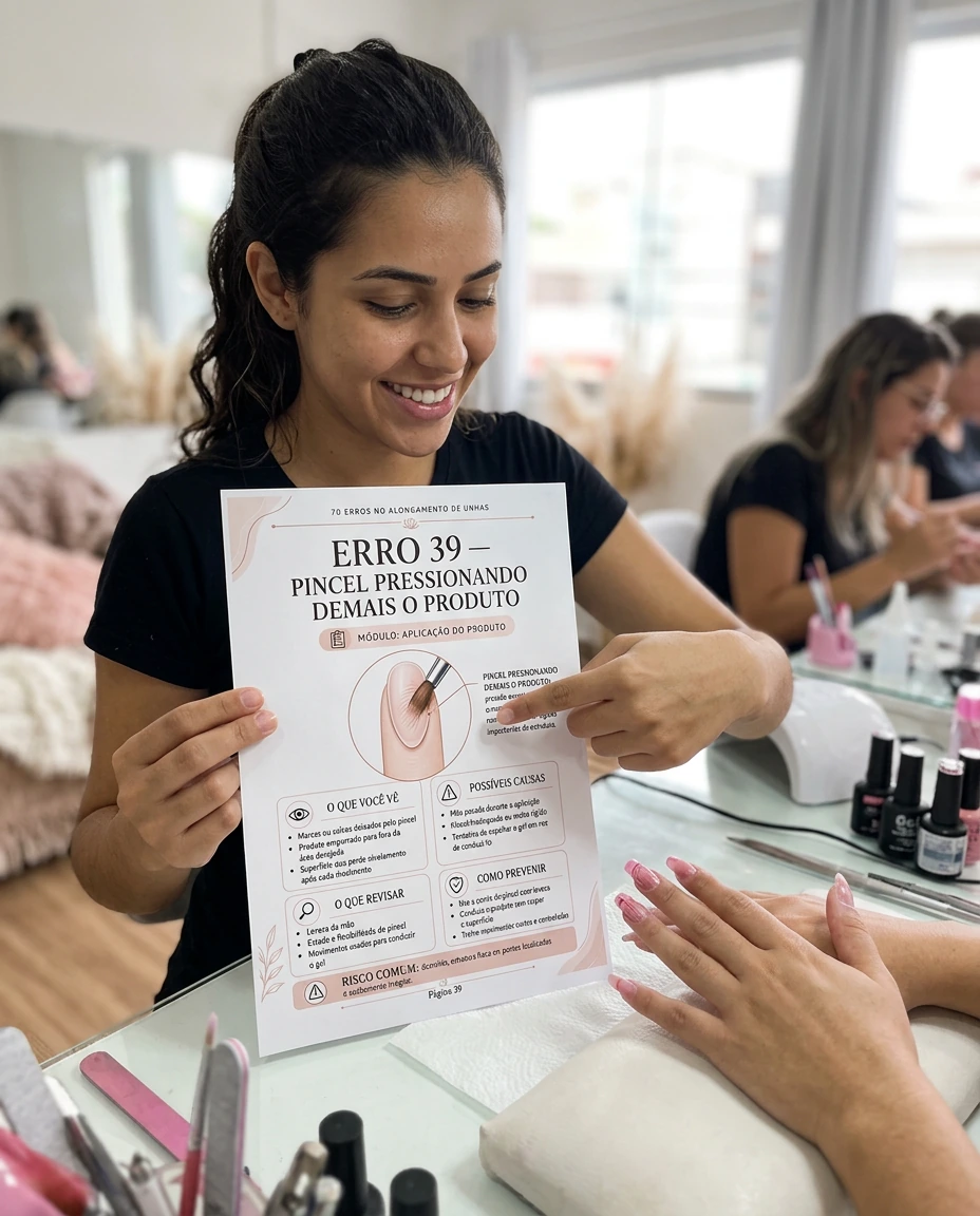 Nail designer lendo o guia no celular em casa